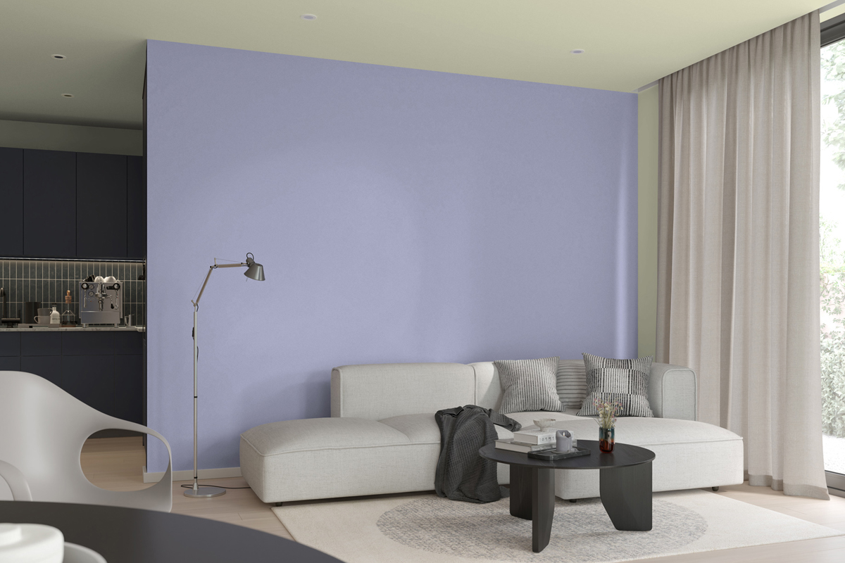 Dnevna soba s kreativnom površinom Antik Aquarell u nijansama COSMIC LIGHT i 3D Jade 85 s 3D Saphir 35.